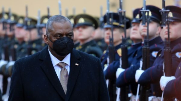 US Secretary of Defence Lloyd Austin reviews an honor guard in Vilnius