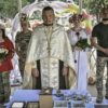 Two young couples who met just months earlier while serving in the Ukrainian army tied the knot together