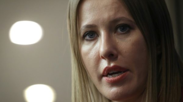 Russian media personality and former presidential candidate Ksenia Sobchak speaks to reporters in Washington, DC in February 2018
