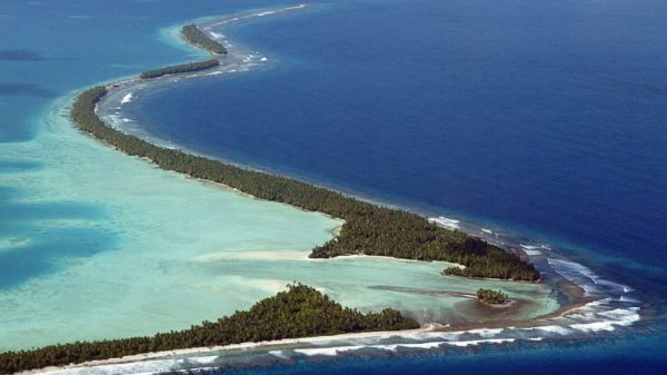 The coastline of Funafuti Atoll, Tuvalu, as seen in February 2004