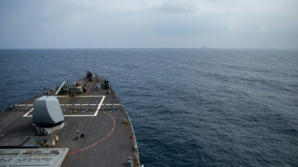 The US guided-missile destroyer USS Laboon is one ship in the multinational naval task force protecting Red Sea shipping from Huthi attacks, which are endangering a transit route that carries up to 12 percent of global trade