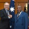 Papua New Guinea Prime Minister James Marape (R) shakes hands with Australian Prime Minister Anthony Albanese in Canberra on Thursday