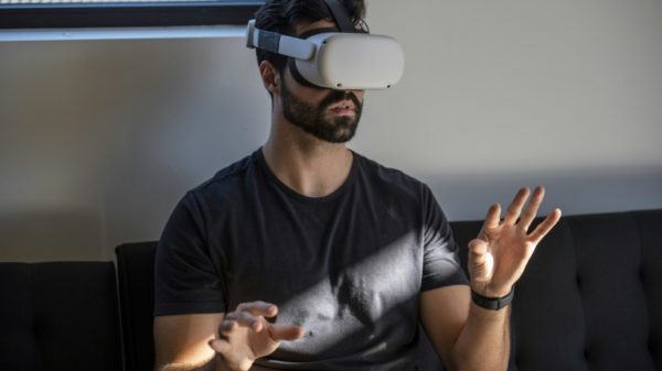 Gavin Menichini, using the Oculus Quest 2 VR headset, gives a demonstration of the Immersed Virtual Reality program which can be used for many applications including virtual meetings at the Immersed offices on January 28, 2022 in Austin, Texas