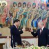 Russian President Vladimir Putin and Chinese President Xi Jinping make a toast following their talks at the Kremlin on March 21, 2023